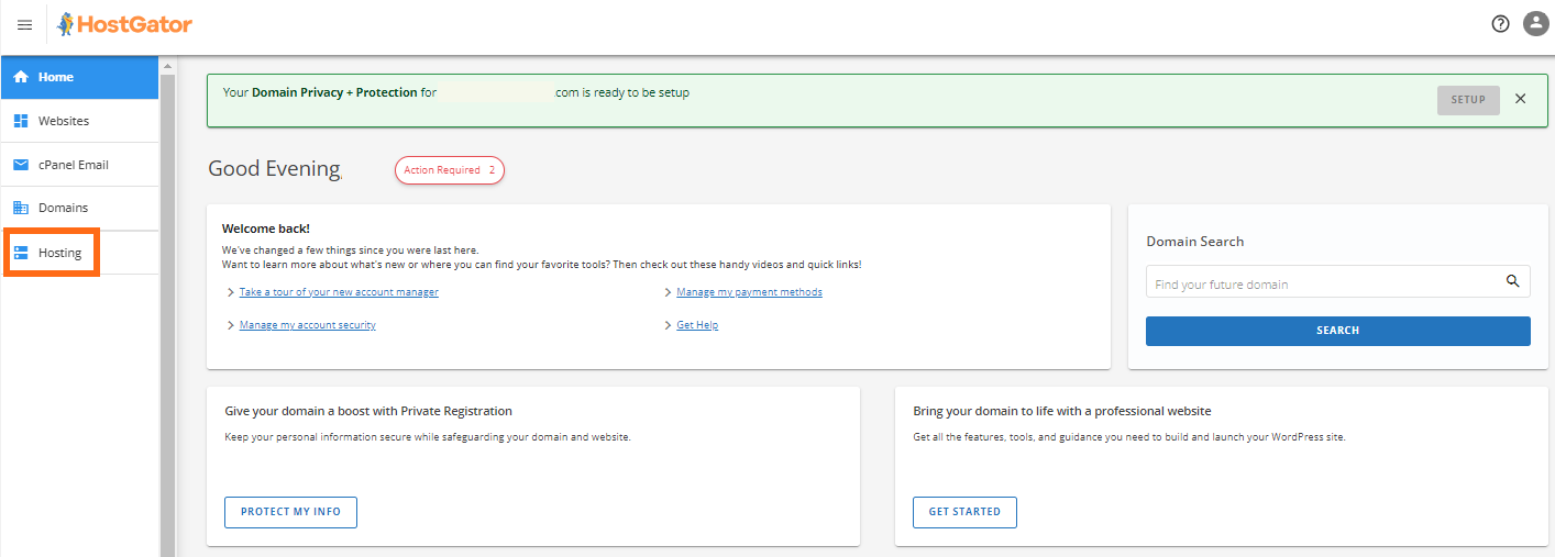 HostGator Customer Portal Hosting Tab
